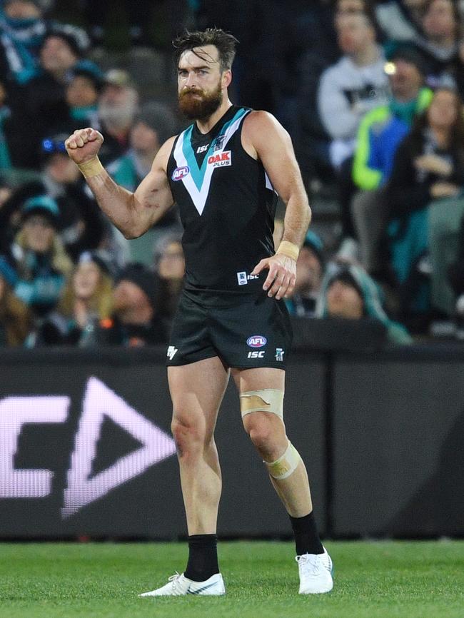 Charlie Dixon of the Power reacts after kicking a goal. Picture: Getty Images