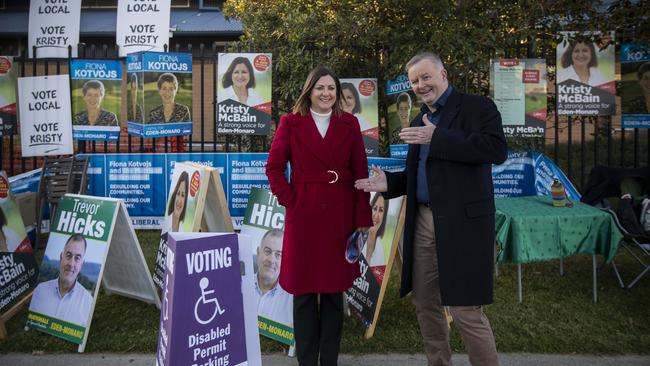 Labor candidate Kristy McBain and Labor leader Anthony Albanese at Merimbula Public School on Saturday. Picture by Sean Davey.