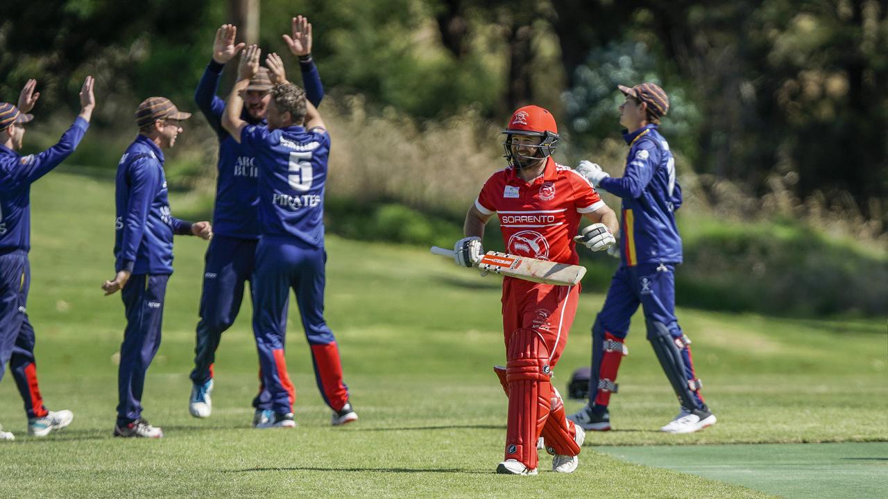 MPCA - Sorrento’s Corey Harris walks off after being dismissed against Old Peninsula. Picture: Valeriu Campan