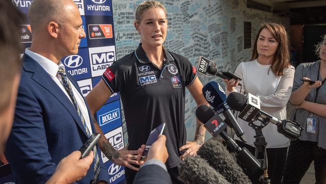 Tayla Harris speaks to the media about the abuse she’s copped. Picture: Jason Edwards