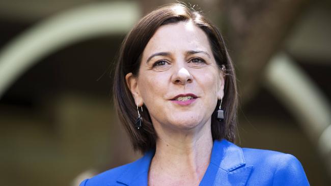 LNP Leader Deb Frecklington addresses media at Brisbane’s Parliament House on Alice St in the CBD. Picture: News Corp/Attila Csaszar