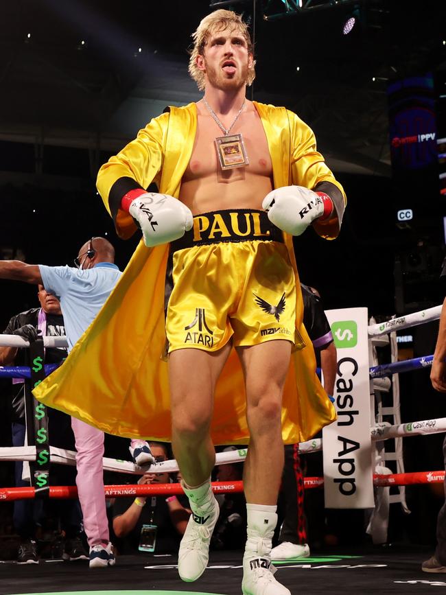 Logan Paul enters the ring to fight Floyd Mayweather. Photo by Cliff Hawkins/Getty Images.