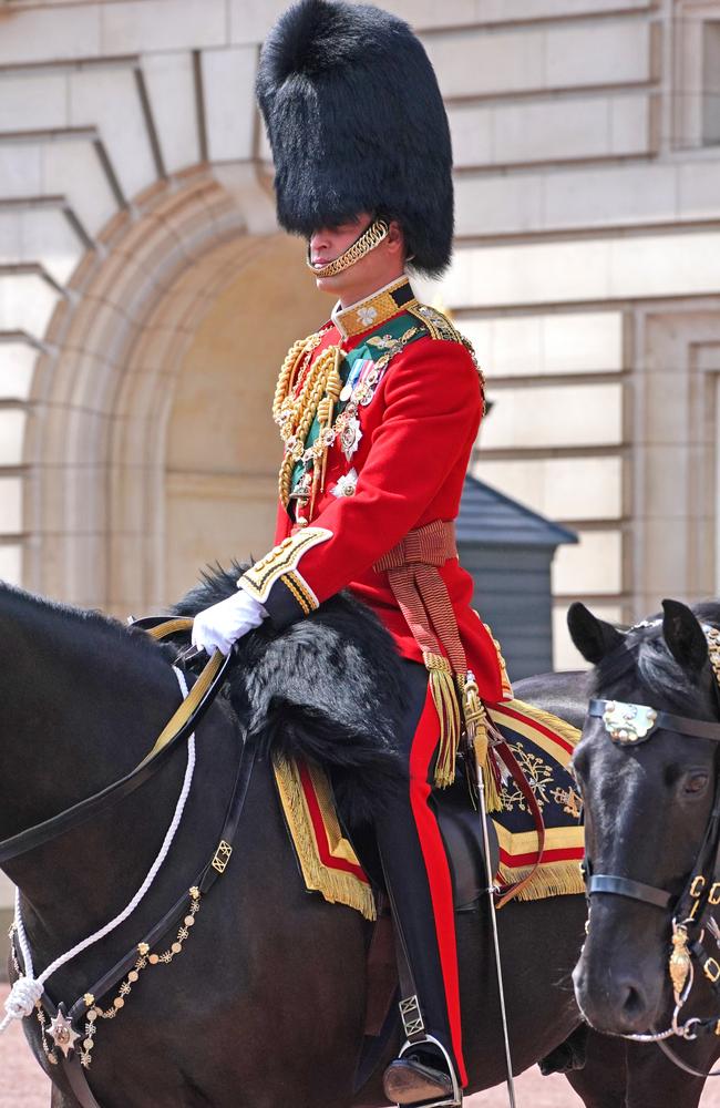 Prince William, Duke of Cambridge, in his role as Colonel of the Irish Guards, rides his horse along The Mall during Trooping The Colour. Picture: Jonathan Brady /Getty Images