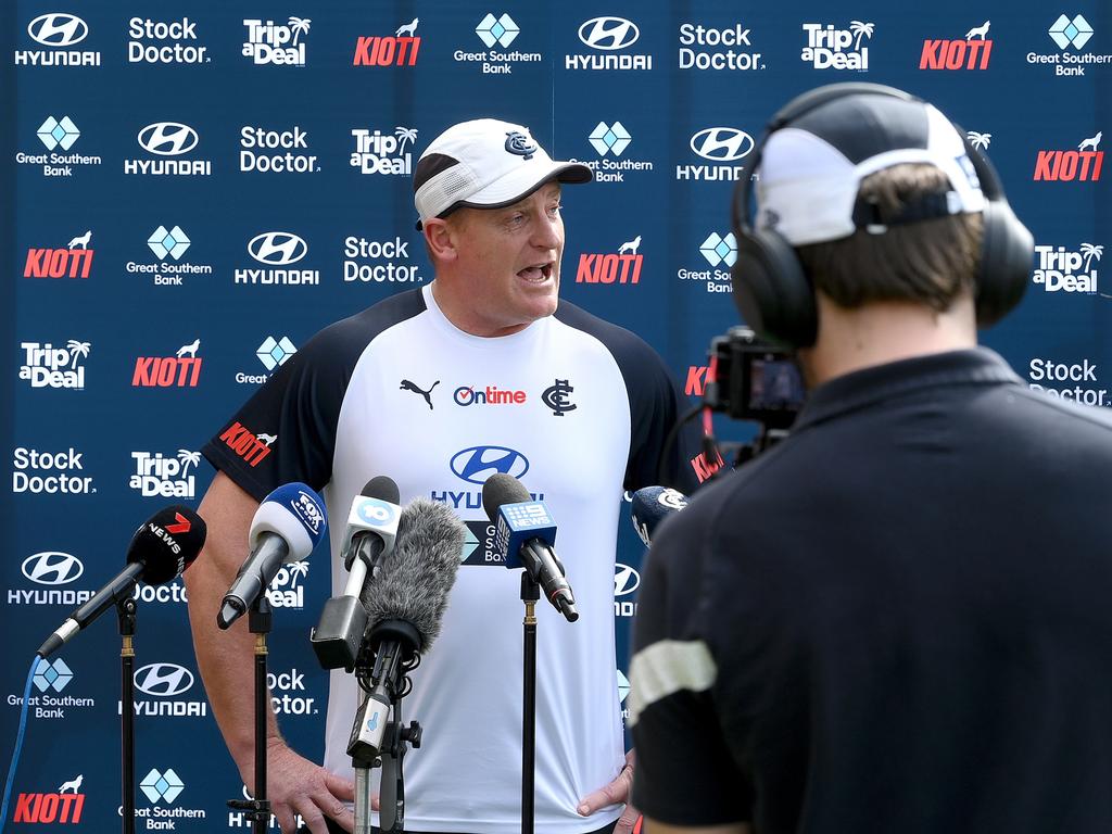 Coach Michael Voss, speaking a Carlton Blues AFL captain's run at The Gabba in Brisbane on September 22, wasn’t very popular with Carlton fans back in May. Picture: Bradley Kanaris/Getty Images