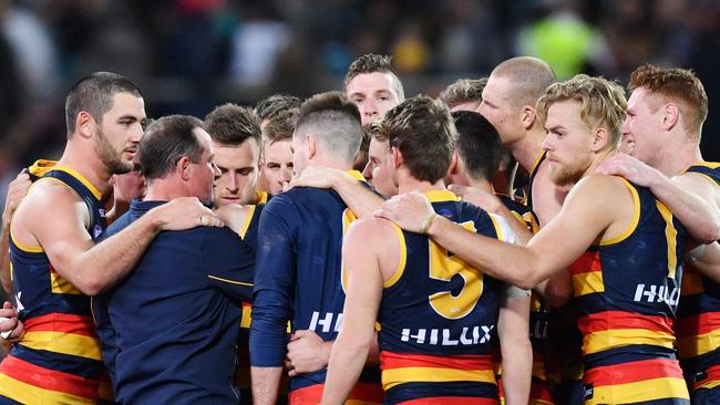 Crows coach Don Pyke addresses his team before their come-from-behind effort in the final term. Picture: AAP Image/David Mariuz