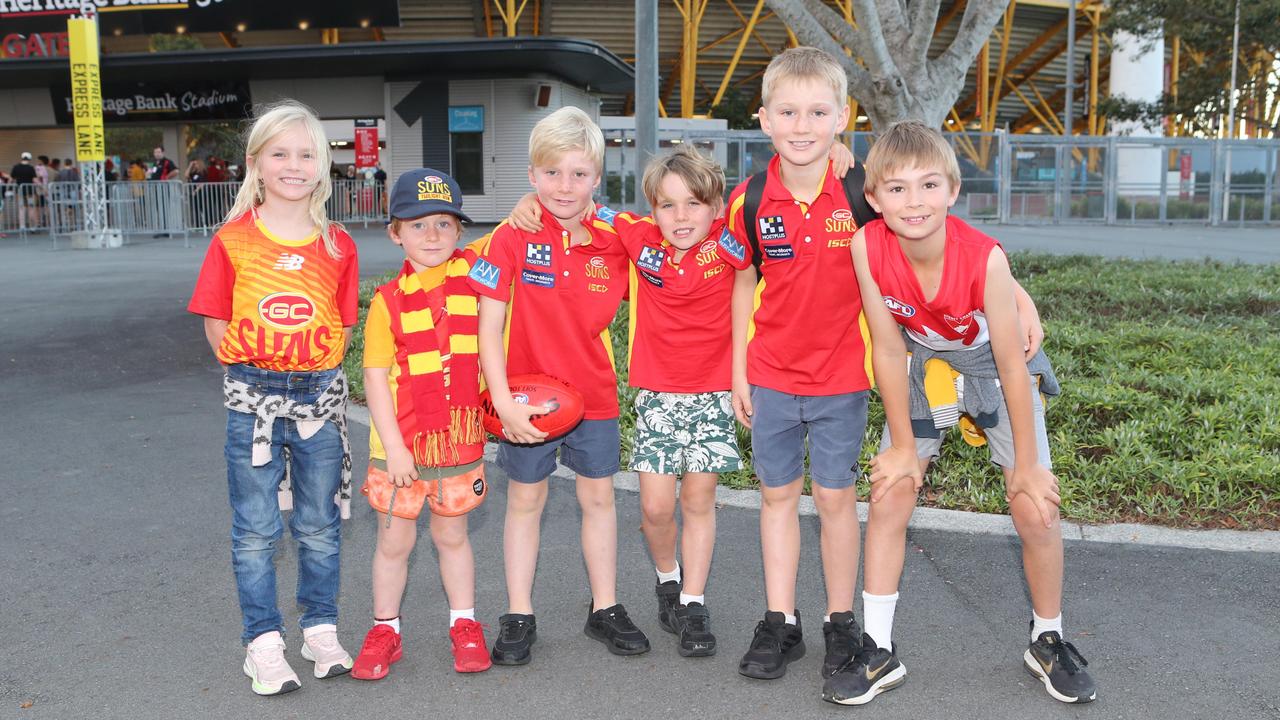 The Gold Coast Suns will host its first AFLW final when they take on the Sydney Swans on Saturday night. Georgia Adams, Rowdy Pastyn, Boyd Pastyn, Cody Pastyn, Jordy Pastyn and Hugh Adams. 11 November 2023 Carrara Picture by Richard Gosling