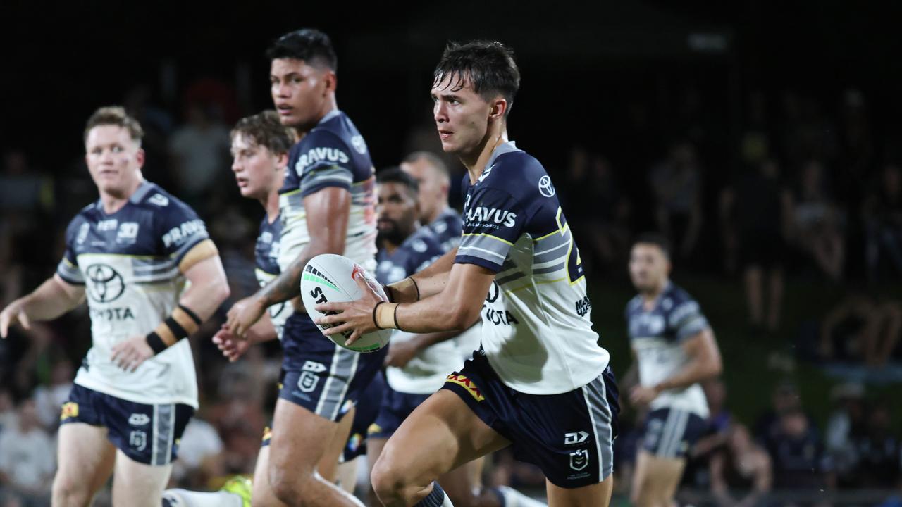 Cowboys' Ryan Rivett runs the ball in the National Rugby League (NRL) pre season NRL match between the North Queensland Cowboys and the Dolphins, held at Barlow Park. Picture: Brendan Radke