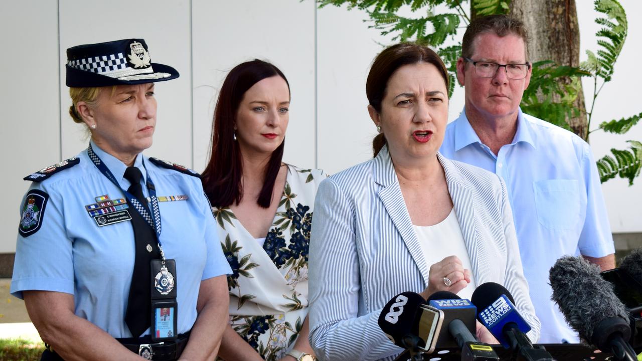 Police Commissioner Katerina Carroll APM, Brittany Lauga MP, Premier Annastacia Palaszczuk and Barry O'Rourke MP outline new youth crime prevention measures at the Rockhampton police station