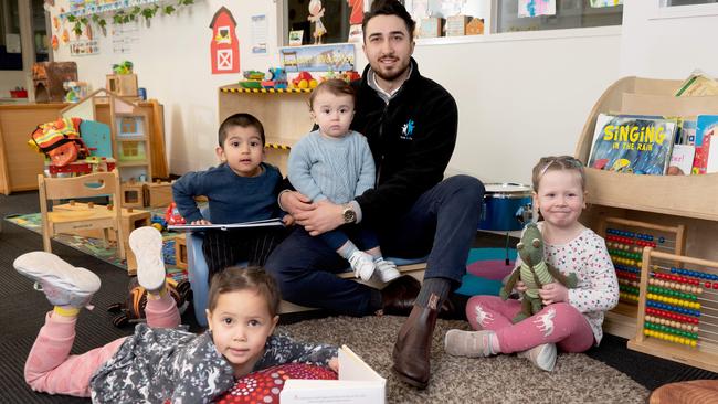 Kids and Co in Docklands manager Tari Klisaris with children Archie, Sophie, Penelope, and Abhiram. Picture: Tony Gough