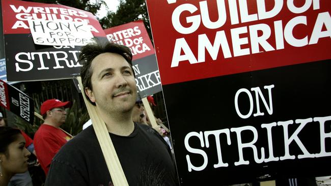 Screenwriter Stuart Beattie walks the picket line at Universal Studios along with other members of the Writers Guild of America in Universal City, California, 2007.