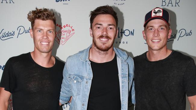 Melbourne Football Club’s Jake Melksham, Michael Hibberd and Bernie Vince attended the launch of the Village Belle Hotel in 2017. Picture: Supplied