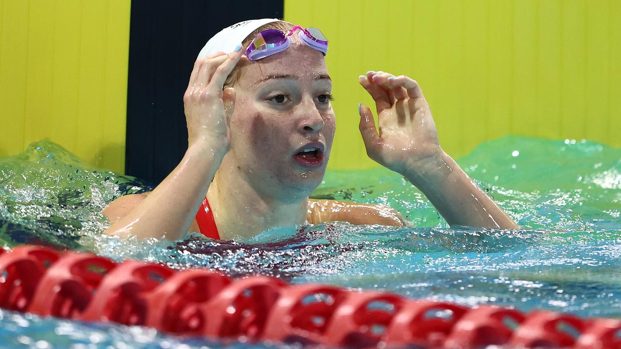 GOLD COAST, AUSTRALIA - APRIL 17: Mollie O'Callaghan celebrates winning the Women’s Open 100m Freestyle Final during the 2024 Australian Open Swimming Championships at Gold Coast Aquatic Centre on April 17, 2024 in Gold Coast, Australia. (Photo by Chris Hyde/Getty Images)