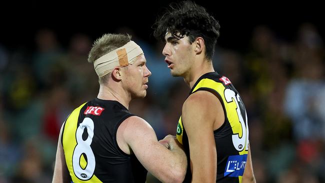 Jack Riewoldt and young tall Samson Ryan. Picture: James Elsby/AFL Photos via Getty Images