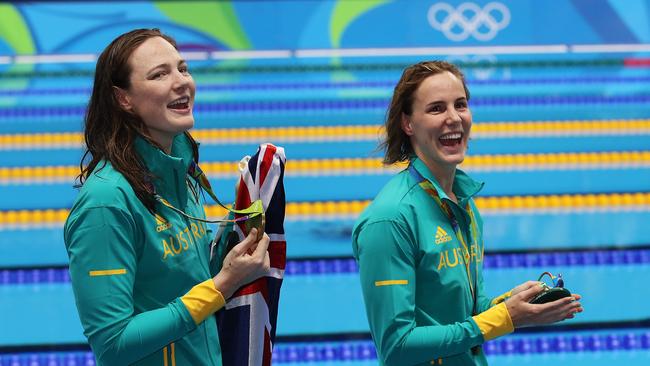 Australia's Cate Campbell and sister Bronte Campbell celebrate Gold Medal winning 4 x 100m relay team on Day 1 of the Swimming at the Rio 2016 Olympic Games. Picture. Phil Hillyard