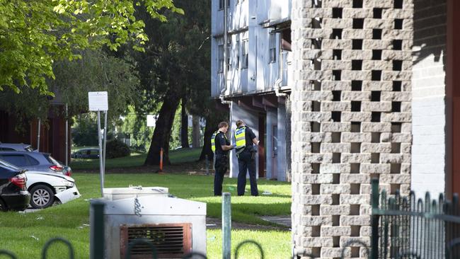 Police search the area near to where a man was stabbed on Sunday morning. Picture: Sarah Matray