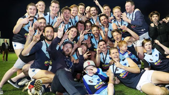 Southern Football League grand final 2019. Lindisfarne V Huonville at North Hobart Oval. Lindisfarne after their win. Picture: NIKKI DAVIS-JONES