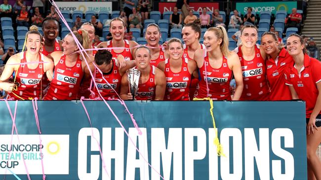 SYDNEY, AUSTRALIA - MARCH 24: The Sydney Swifts celebrate after winning the 2024 Suncorp Team Girls Cup match between the Vixens and the Swifts at Ken Rosewall Arena on March 24, 2024 in Sydney, Australia. (Photo by Mark Metcalfe/Getty Images for Netball Australia)