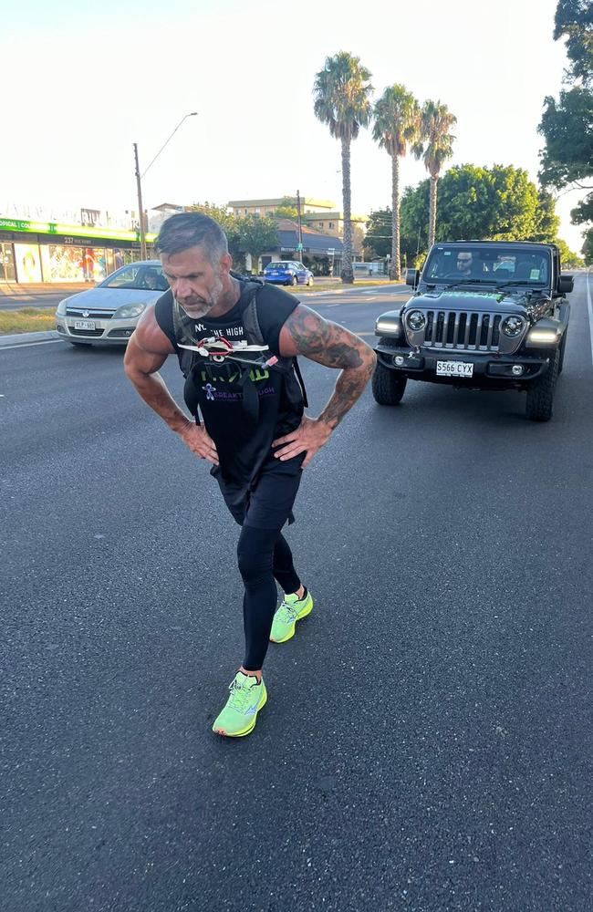 Gold Coast based mindset coach Damien Rider pulled a 2.8 tonne Jeep truck 12km in Adelaide on Sunday in support of Breakthrough Mental Health Research Foundation. Picture: Supplied