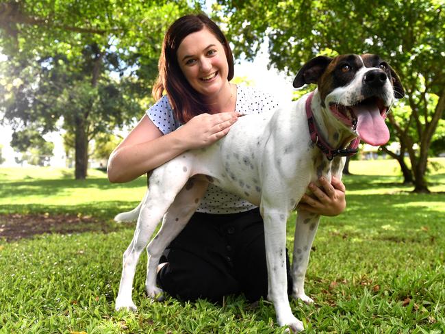 Verity Warr and her rescue dog Indi play in the park to promote National Pet Adoption Day.Picture: Che Chorley