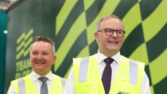 Prime Minister Anthony Albanese with Climate Change Minister Chris Bowen at the official launch of the Team Global Express battery electric vehicle fleet in Sydney in March. Bowen ‘favours the assumption’ that Australia has comparative advantage because of significant reserves of several critical minerals as well as lots of sunshine and wind. Picture: NCA NewsWire / Damian Shaw