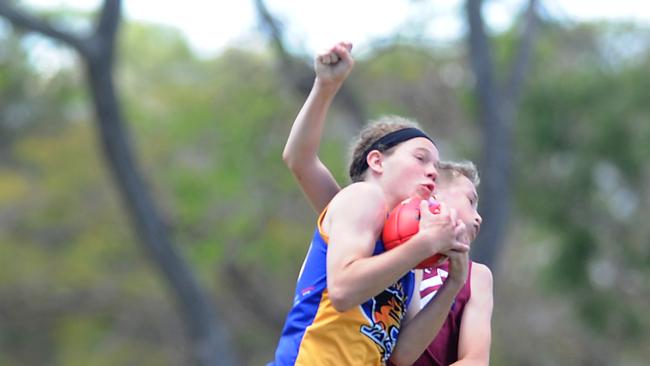 AFLQ junior semi-final day. Jindalee Blue vs Wests Juniors Maroon. Jindalee player Mason Baker takes a mark. Saturday October 10, 2020 Picture, John Gass