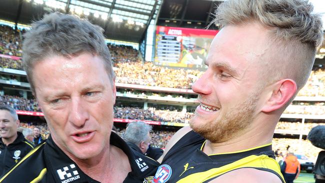 2019 AFL Grand Final. 28/09/2019.  Richmonds Brandon Ellis  hugs coach Damien Hardwick    after the 2019 AFL Grand Final match between the Richmond Tigers and the GWS Giants at the MCG on September 28, 2019 in Melbourne, Australia. Picture: Michael Klein.