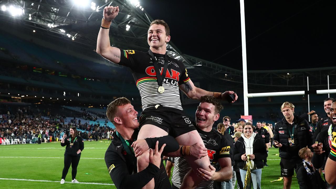**MUST CREDIT NRL PHOTOS** Dylan Edwards celebrates winning the NRL Panthers v Eels 2022 Grand Final at Accor Stadium, Sydney. Picture: NRL Photos / Brett Costello