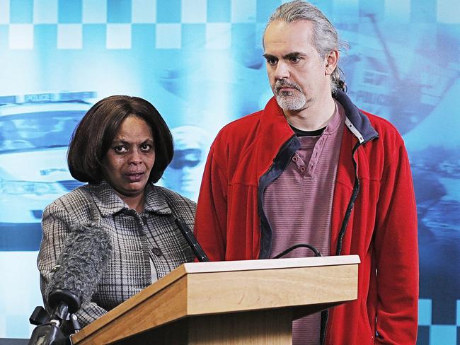 Police press conference with the family of missing North Hobart man Nazrawi Samson Woldemichael: from left, Nazrawi's mother Hirut Woldemichael and father-in-law Darron Lehmann. Picture: MATHEW FARRELL