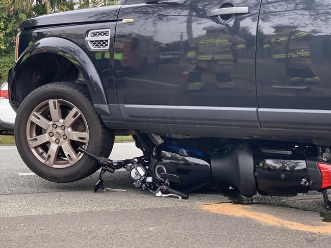 A motorbike rider had a close shave after a collision with a 4WD in Buderim on Tuesday morning.