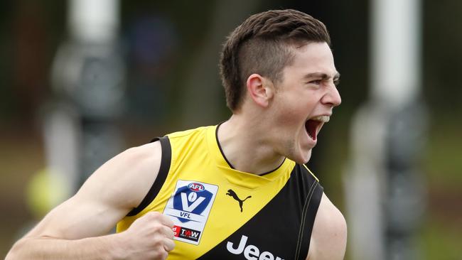 Luke Nelson after booting a goal for Richmond’s VFL team.