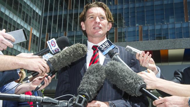 James Hird outside the Federal Court at the end of the second day of his attempt to discredit the Australian Sports Anti-Doping Authority’s joint investigation with the AFL into the Bombers supplements program. Picture: Eugene Hyland