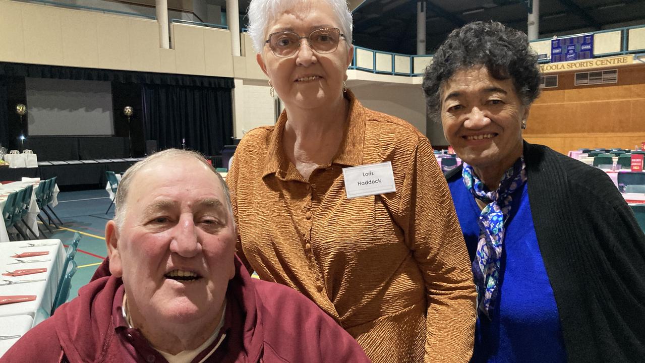 Ron McTaggart, Lorie Haddock (nee Bradley), and Kay Henare celebrate the 50th anniversary of the Rainbows Rugby League Football Club at its golden jubilee at the Gympie Showgrounds Pavilion on the night of June 3, 2023.