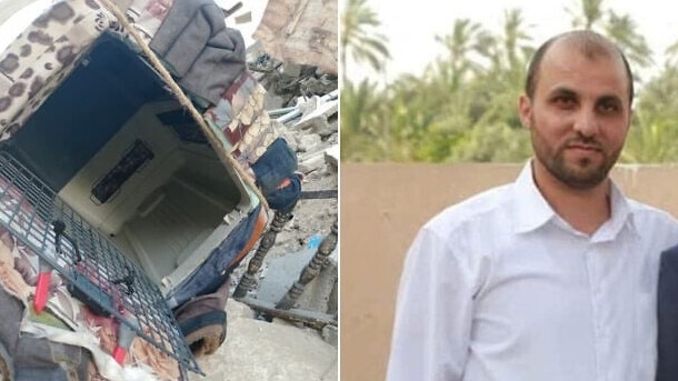 A wagon reportedly used by Israeli troops in a special forces operation in southern Gaza's Khan Younis (left) and Ahmad Sarhan, a senior member of the Popular Resistance Committees who was killed in the operation.