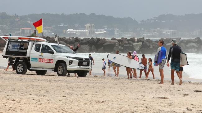 The scene at Coolangatta beach where, an hour earlier, a man died after being pulled from the surf but couldnt be revived. Picture Glenn Hampson