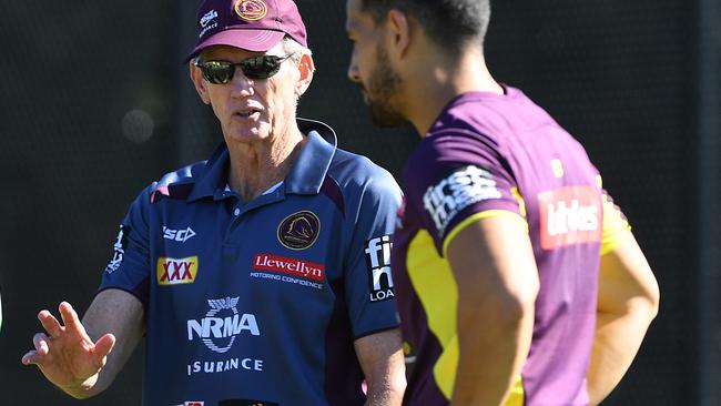 Wayne Bennett, pictured here at Broncos training on Monday, has confronted CEO Paul White about his meetings with Craig Bellamy. Picture: Dave Hunt/AAP