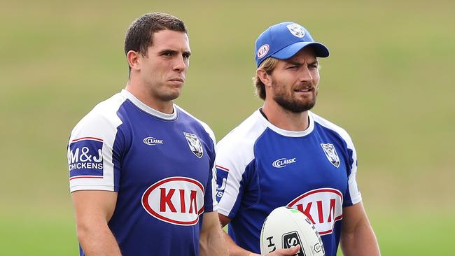 Kieran Foran (with Adam Elliott) says the Bulldogs are ready to turn around their performance from week one. Picture: Brett Costello