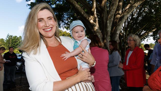 Labor’s new Queensland senator-elect Corinne Mulholland celebrates with six-month-old son August the day after the election. Picture: Lachie Millard