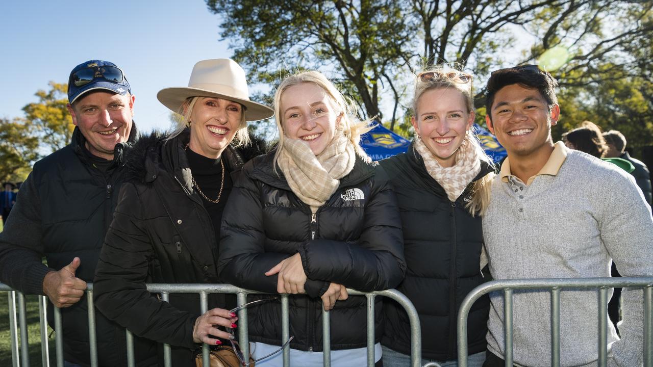 TGS supporters (from left) Matt Cave, Jacqui Cave, Heidi Cave, Mollie Cave and Ali Crossley watch the O'Callaghan Cup match on Grammar Downlands Day at Toowoomba Grammar School, Saturday, August 19, 2023. Picture: Kevin Farmer