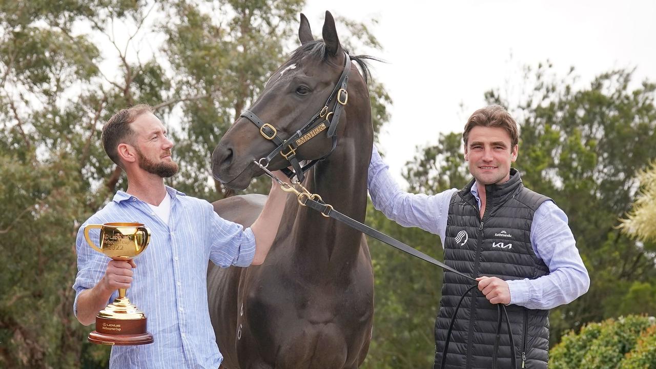 Trainers Ciaron Maher and David Eustace with Melbourne Cup winner Gold Trip. Picture: Racing Photos