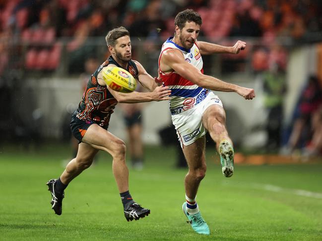 Marcus Bontempelli was kept in check by Callan Ward for most of the afternoon. Picture: Cameron Spencer/Getty Images