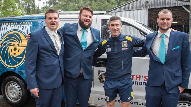 Former Mariners captain Nick Montgomery saves the day for groom Tom Jervis (left) and his groomsmen Chris and Jackson. Pic: Event Photo Sydney, Ryan Requierme