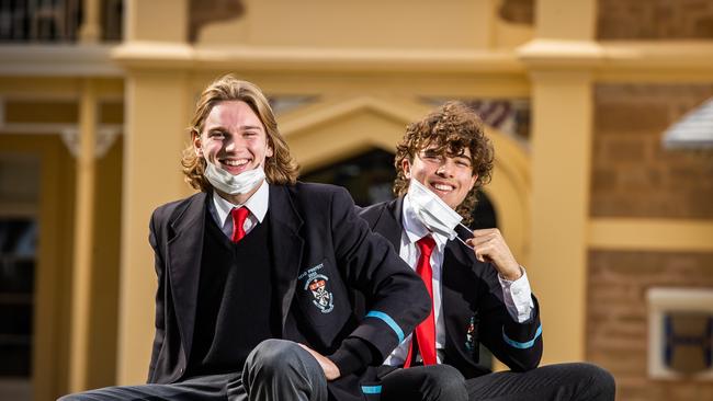 Blackfriars students Daniel Heath and Cooper Smith are happy mask mandates will end soon in schools. Picture: Tom Huntley