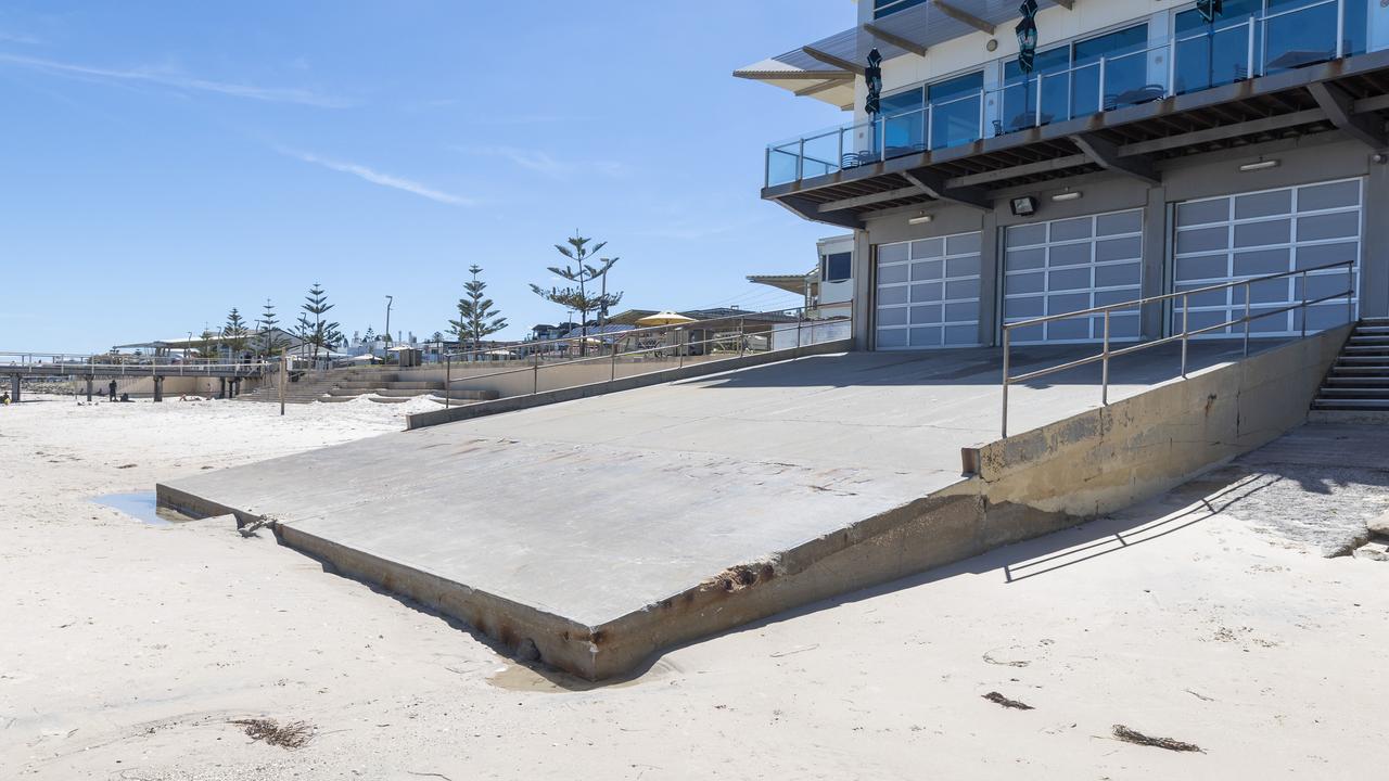 The Henley Beach Surf life saving club boat ramp is suffering from erosion, with the end exposed out of the sand. Picture: NCA NewsWire / Kelly Barnes