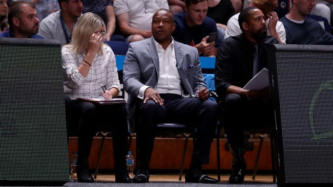 Kevin Brooks (right), pictured with Adelaide 36ers assistant Tracy York and coach Joey Wright, is returning as Central Districts’ women’s coach after a three-year absence. Picture: AAP/Kelly Barnes