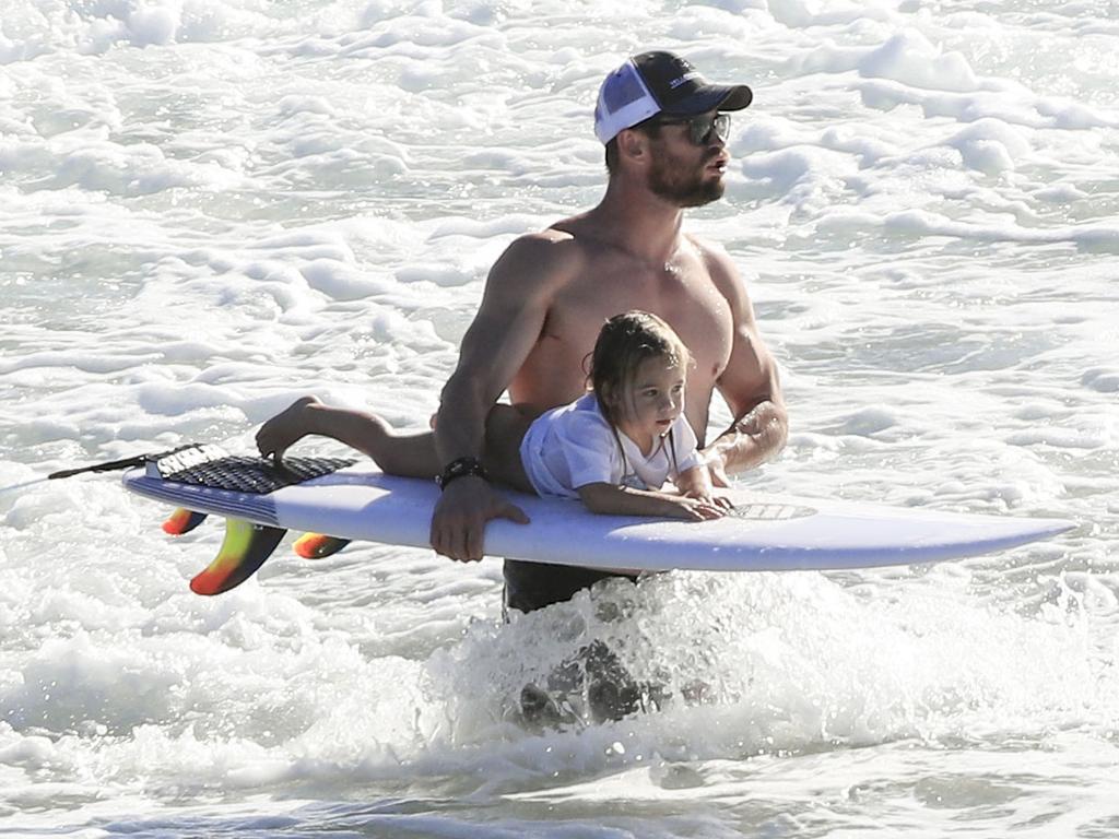 Chris Hemsworth and wife, Elsa Pataky, enjoy an afternoon at the beach in Byron Bay with their twin sons, Tristan and Sasha. <br/>3 March 2017. Picture: Media-Mode