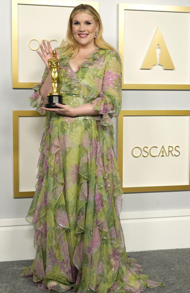 Emerald Fennell with her Best Original Screnplay Oscar. Picture: Getty Images