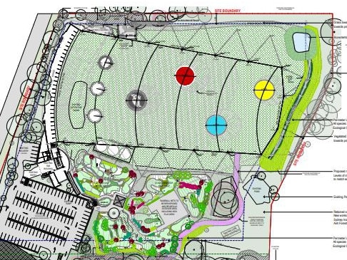 A plan of the proposed refurbished Swing Factory driving range at Terrey Hills, including higher netting, children’s playground and a new 18-hole mini-golf course. Picture: Supplied