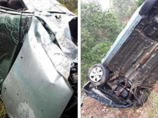 A car severely damaged in a single vehicle crash on the Mary Valley Hwy on Monday afternoon. (Posted by Jessie Gilliland to Gympie, Information, Discussions and Advice Facebook page.). Picture: Contributed