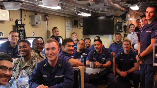 The crew in the mess of the Sentinel-class fast response cutter USCGC Oliver Henry (WPC 1140) at berth in Cairns for engagements with Australian Defence and Home Affairs partners and local representatives. Picture: Alison Paterson