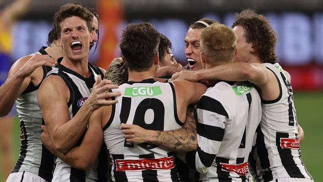 The Magpies savour their against-the-odds win in Perth. Picture: Getty Images